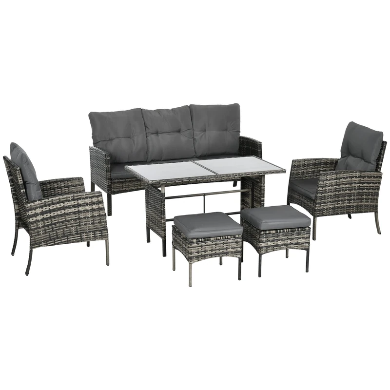 Outsunny 6 Pieces Rattan Garden Furniture Sofa Set, Mixed Grey