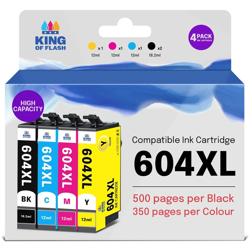 KING OF FLASH 604XL Ink Cartridges Replacement for Epson 604XL for Expression Home XP-2200 XP-2205 XP-3200 XP-3205 XP-4200 XP-4205, Epson Workforce WF-2910DWF (1 Set)