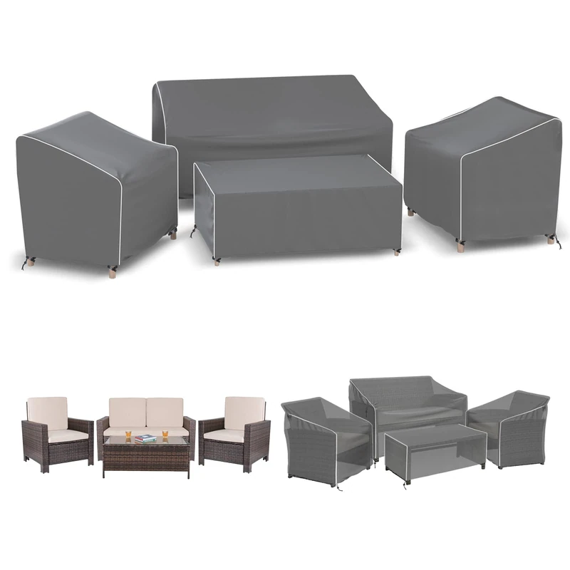 Outdoor Furniture Cover Waterproof, 4-Piece Patio Furniture Covers for 4 PCS Patio Outdoor Conversation Set, Included: Ourdoor Loveseat Cover, 2 Patio Chair Covers, Outdoor Coffee Table Cover-Grey