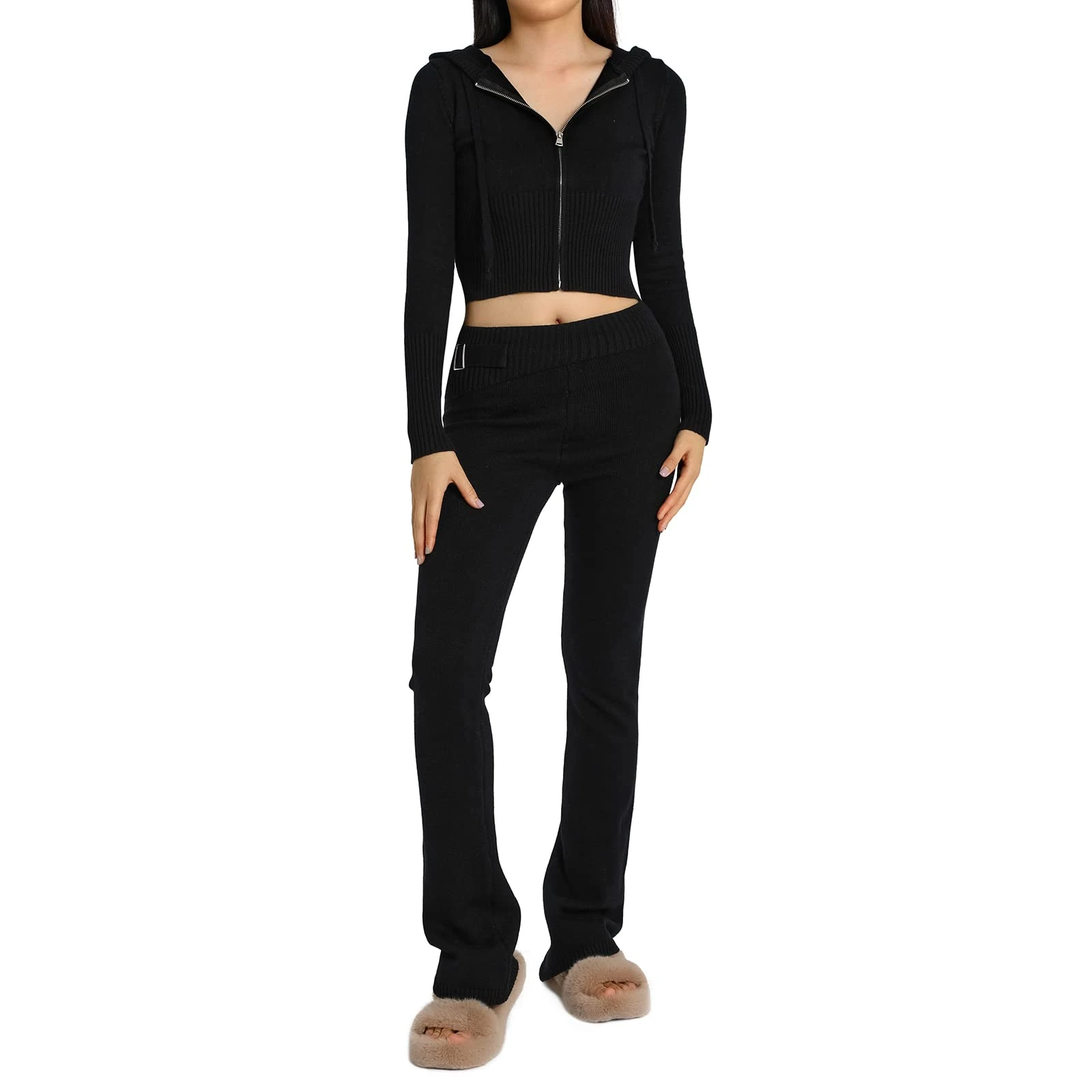 Geagodelia 2 Pieces Outfit Set for Women Y2k Aesthetic Clothes Zip Up Sweater Hoodie Top + Long Trousers Ladies Ribbed Knit Co Ord Set Loungewear Skims Dupes (A - Black, S)
