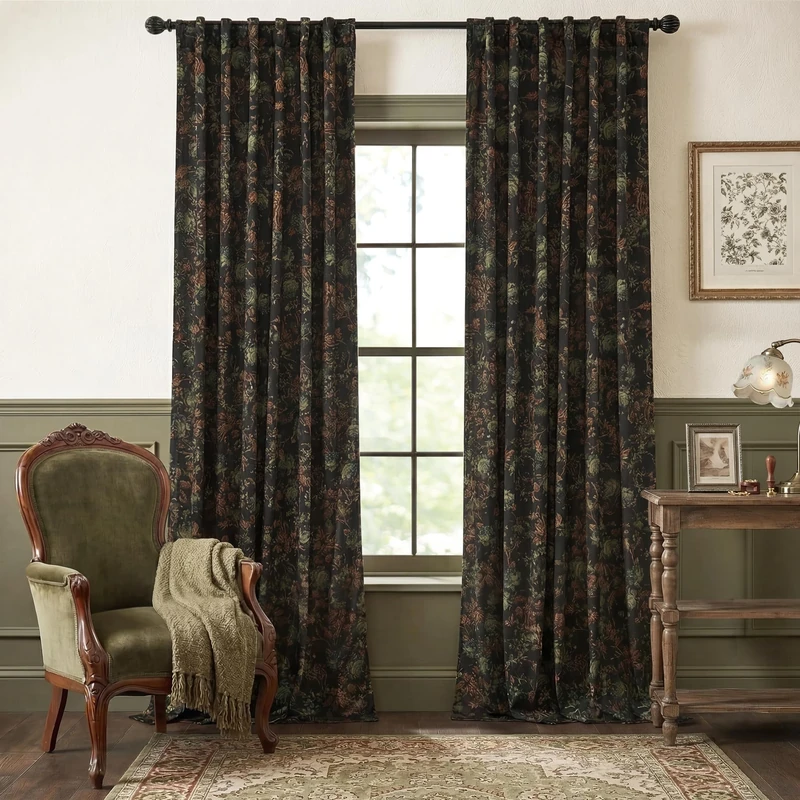 StangH Black Velvet Curtains 84 inches Long - Printed Floral Design Home Decoration Back Tab Vintage Thermal Insulated Room Darkening Drapes for Bedroom Living Room, Black, 52 x 84-inch, 2 Panels