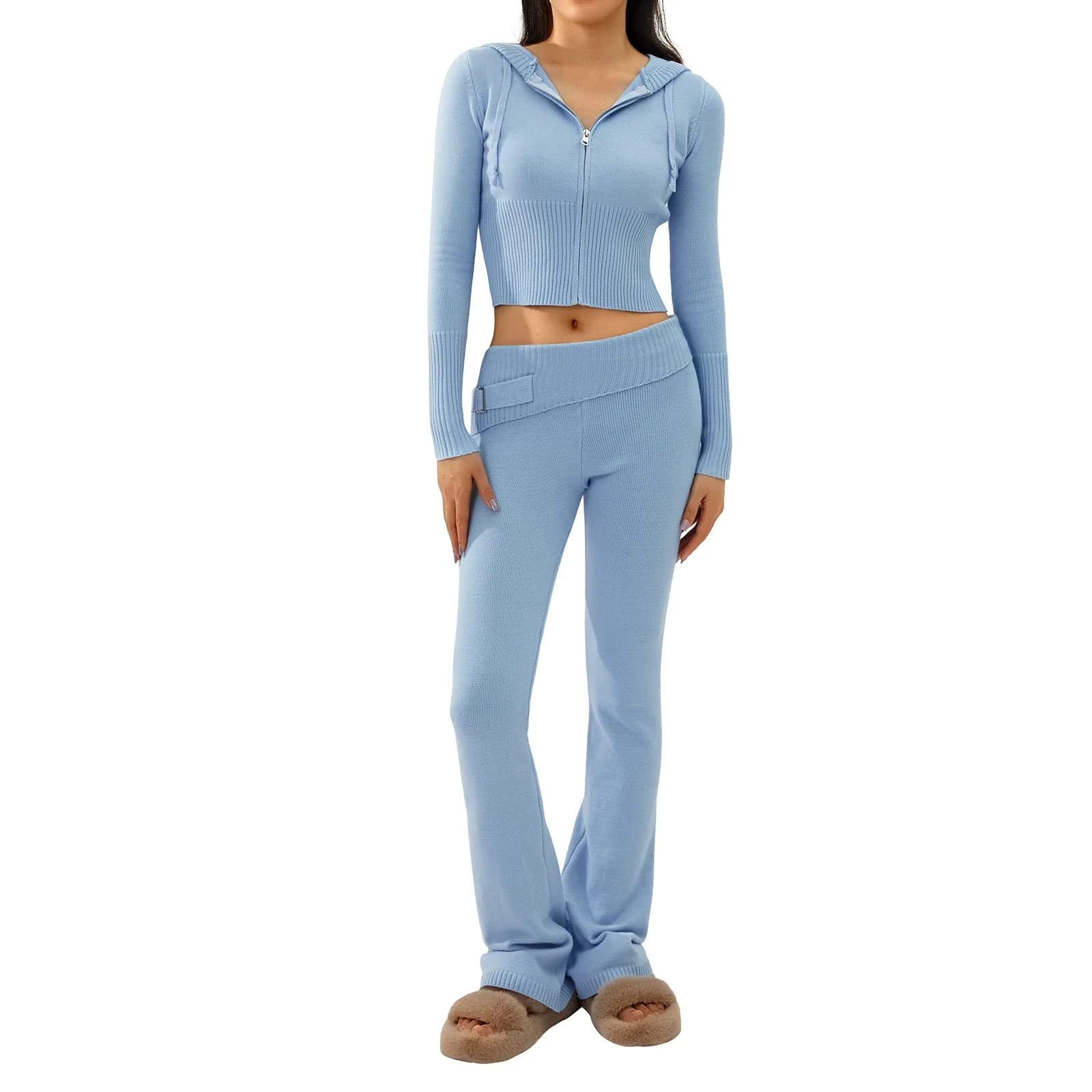 Geagodelia 2 Pieces Outfit Set for Women Y2k Aesthetic Clothes Zip Up Sweater Hoodie Top + Long Trousers Ladies Ribbed Knit Co Ord Set Loungewear Skims Dupes (A - Blue, S)