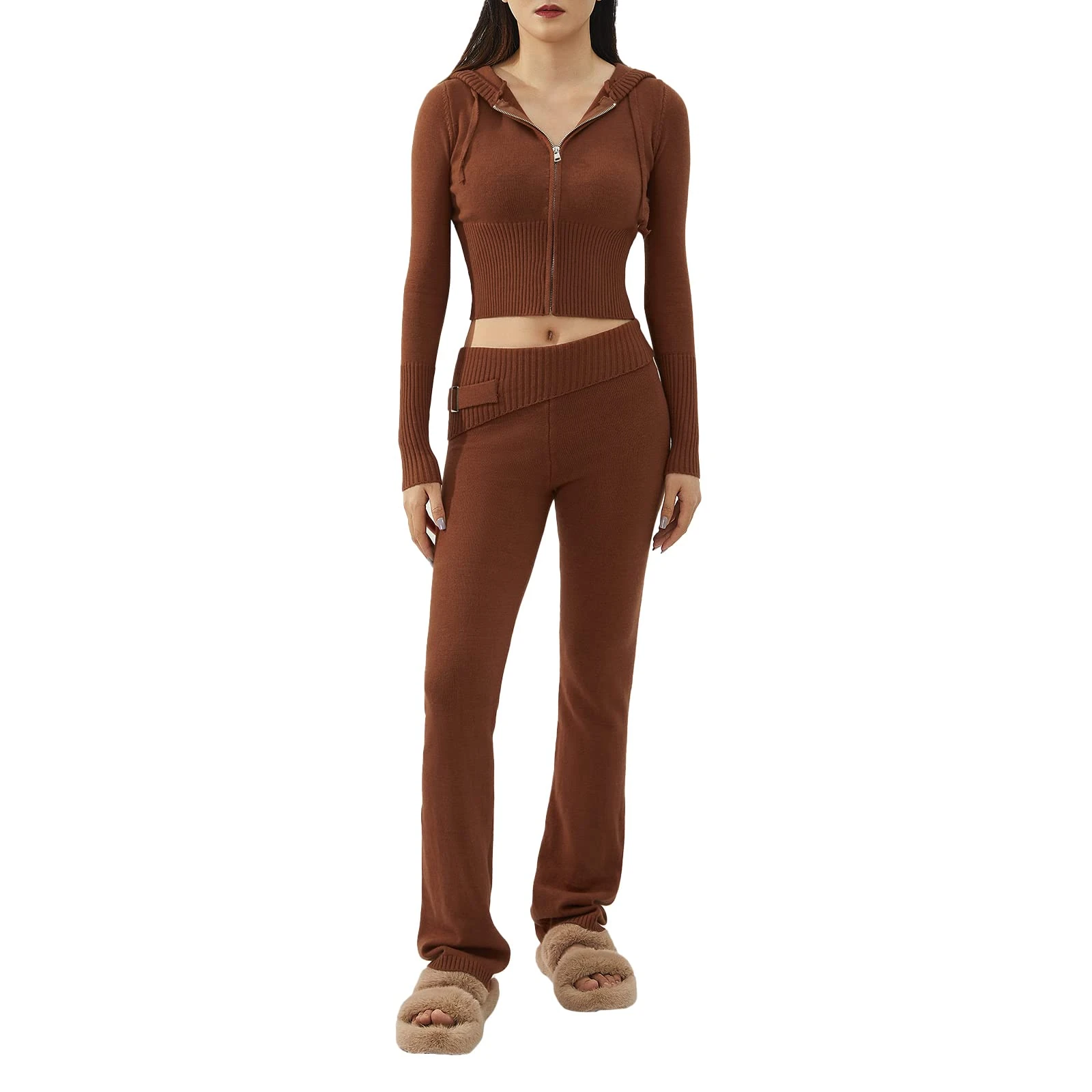 Geagodelia 2 Pieces Outfit Set for Women Y2k Aesthetic Clothes Zip Up Sweater Hoodie Top + Long Trousers Ladies Ribbed Knit Co Ord Set Loungewear Skims Dupes (A - Brown, S)