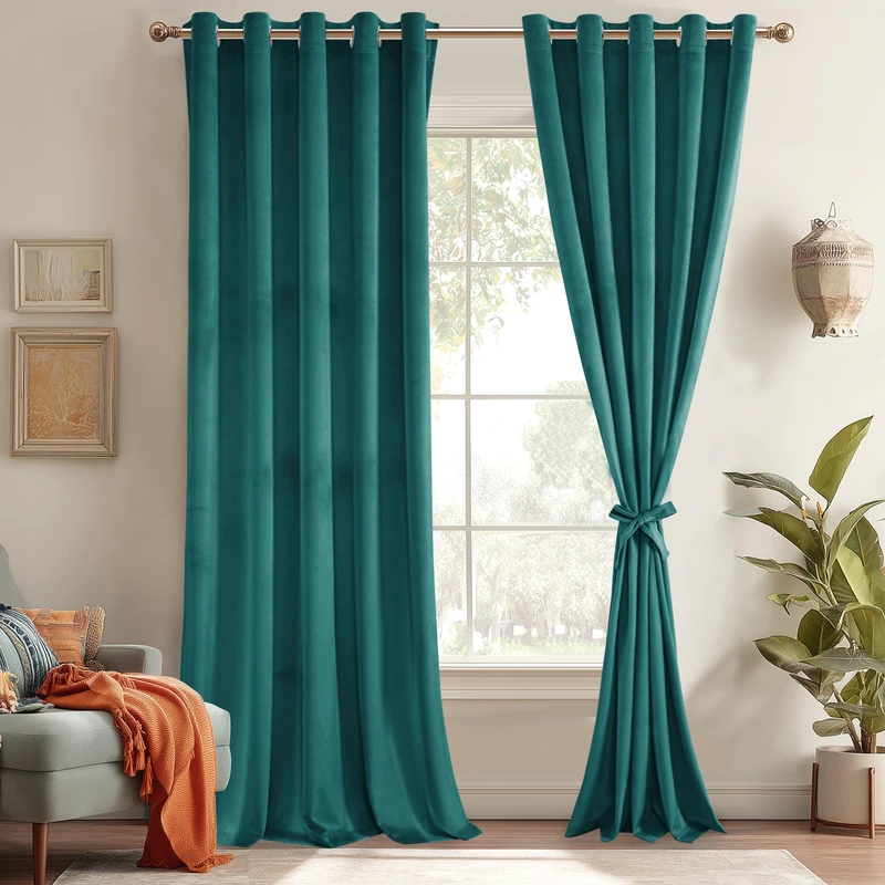 JIUZHEN Velvet Curtains 96 Inch Long–Soft Retro Velvet Blackout Thermal Insulated & Noise Reducing Grommet Curtains for Living Room/Closet,60W x 96L, 2 Panels with Tiebacks,Teal