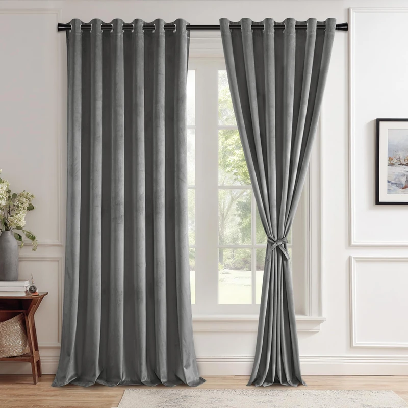 JIUZHEN Grey Velvet Curtains 96 inches for Living Room - Thermal Insualted Room Darkening Grommet Thick Velvet Window Drapes for Bedroom/Dining Room, Set of 2 with Tiebacks, 70W x 96L