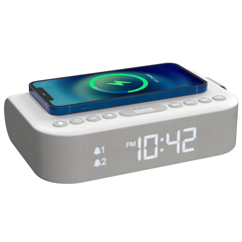 i-box Alarm Clocks Bedside, Radio Alarm Clock with Wireless Charging, Bluetooth Speaker, Fast Qi Wireless Charger, Mains Powered, FM Radio, USB Charging Port, Dimmable, Non Ticking, LED Display