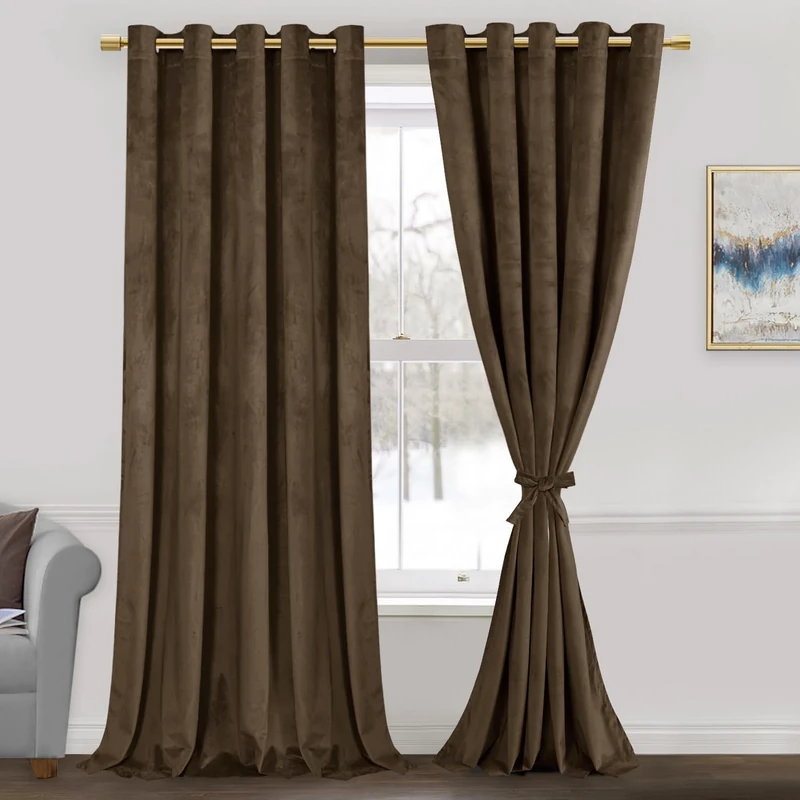 JIUZHEN Room Darkening Velvet Curtains 2 Panels Set, Luxury Window Treatment Privacy Thermal Insulated Backdrops for Living Room/Office,60W x 84L, Brown