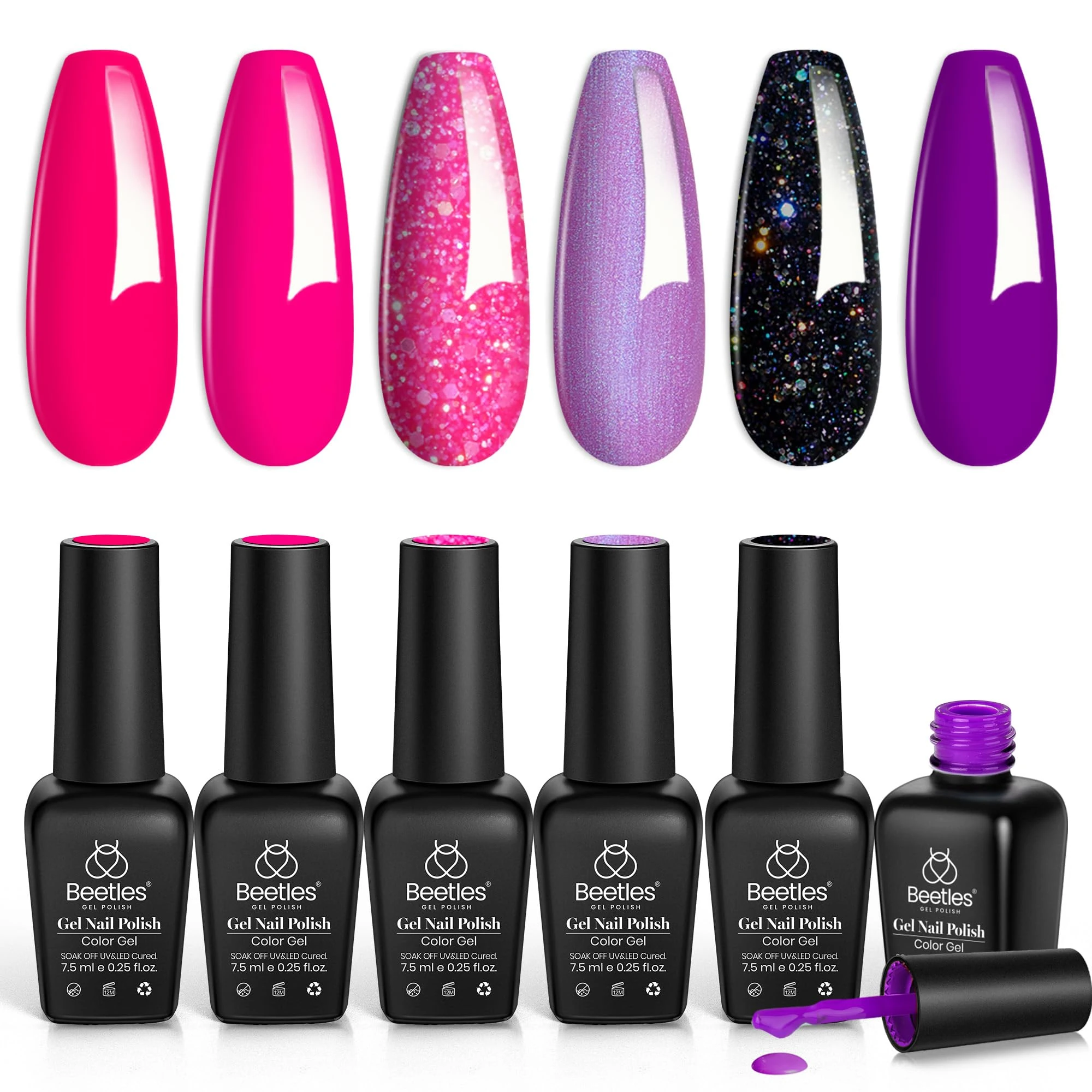 Beetles Neon Gel Nail Polish Set, 6 Colours Spring Glitter Purple Pink Black Shimmer Electric Carnival Soak Off Uv Gel Polish Swirl Thread Effect DIY Manicure Art Valentines Gift for Her
