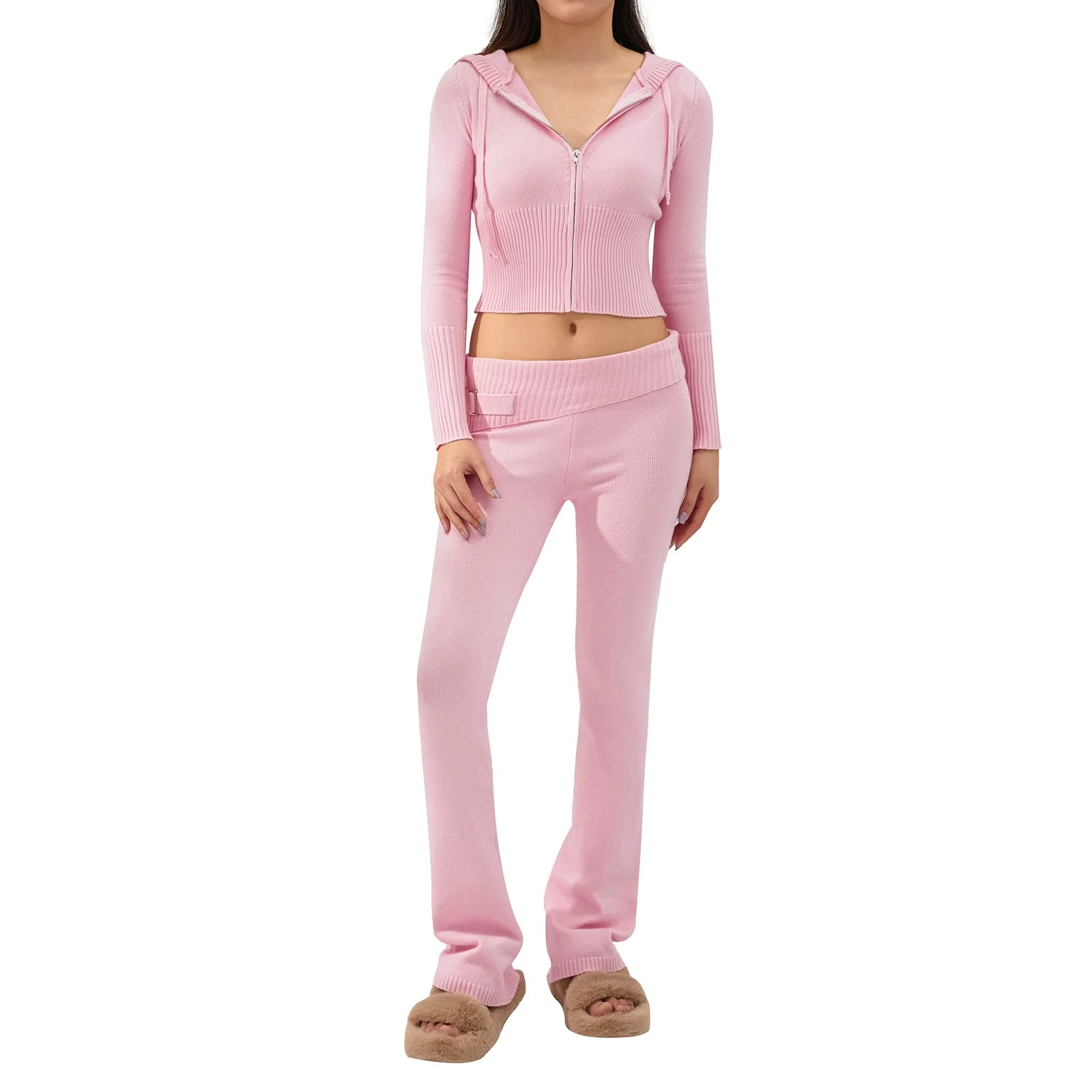 Geagodelia 2 Pieces Outfit Set for Women Y2k Aesthetic Clothes Zip Up Sweater Hoodie Top + Long Trousers Ladies Ribbed Knit Co Ord Set Loungewear Skims Dupes (A - Pink, S)