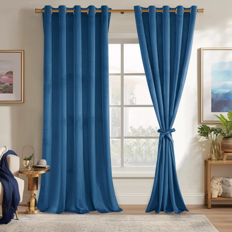 JIUZHEN Blue Velvet Blackout Curtains 96 inches - Super Soft Velvet Textured Room Darkening Grommet Window Drapes for Living Room/Bedroom/Sliding Door, 60W x 96L, Set of 2 Panels with Tiebacks
