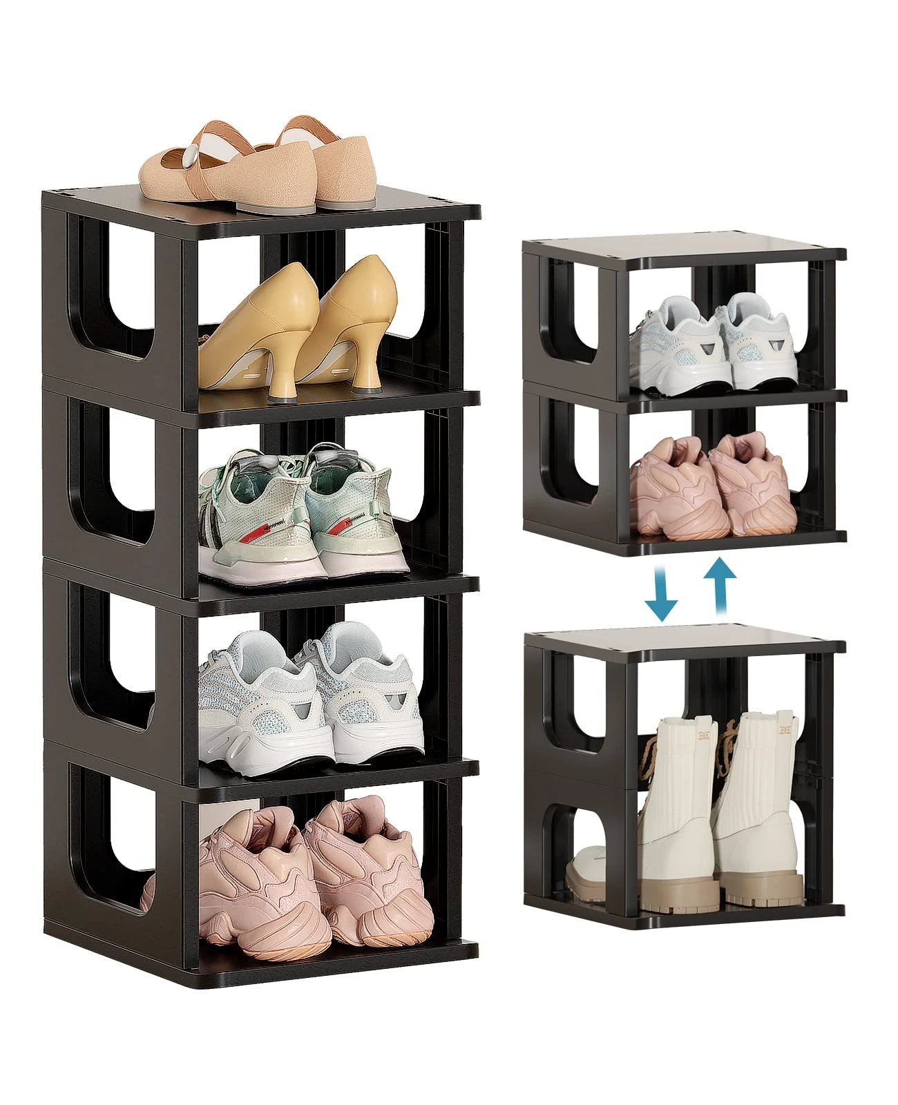 Haixin Shoe Organizer Rack for Small Spaces 5 Tier Plastic Vertical Narrow Shelves Closet Black Holder Stand Entryway Storage Boots Stackable Cabinet, (DF023-51B)