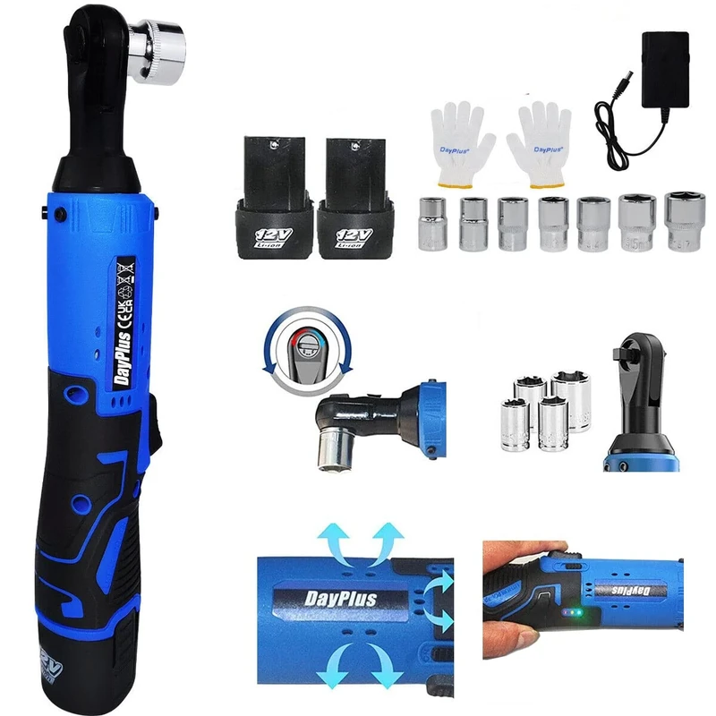 Lucn Electric Cordless Right Ratchet 3/8'' 90° Angle Wrench with LED Work Light +7pcs Sockets Set, 40N.m Torque 12V Power Ratchet Wrenches Set with 2pcs 1500mAh Li-Ion Batteries and 1pcs Fast Charger