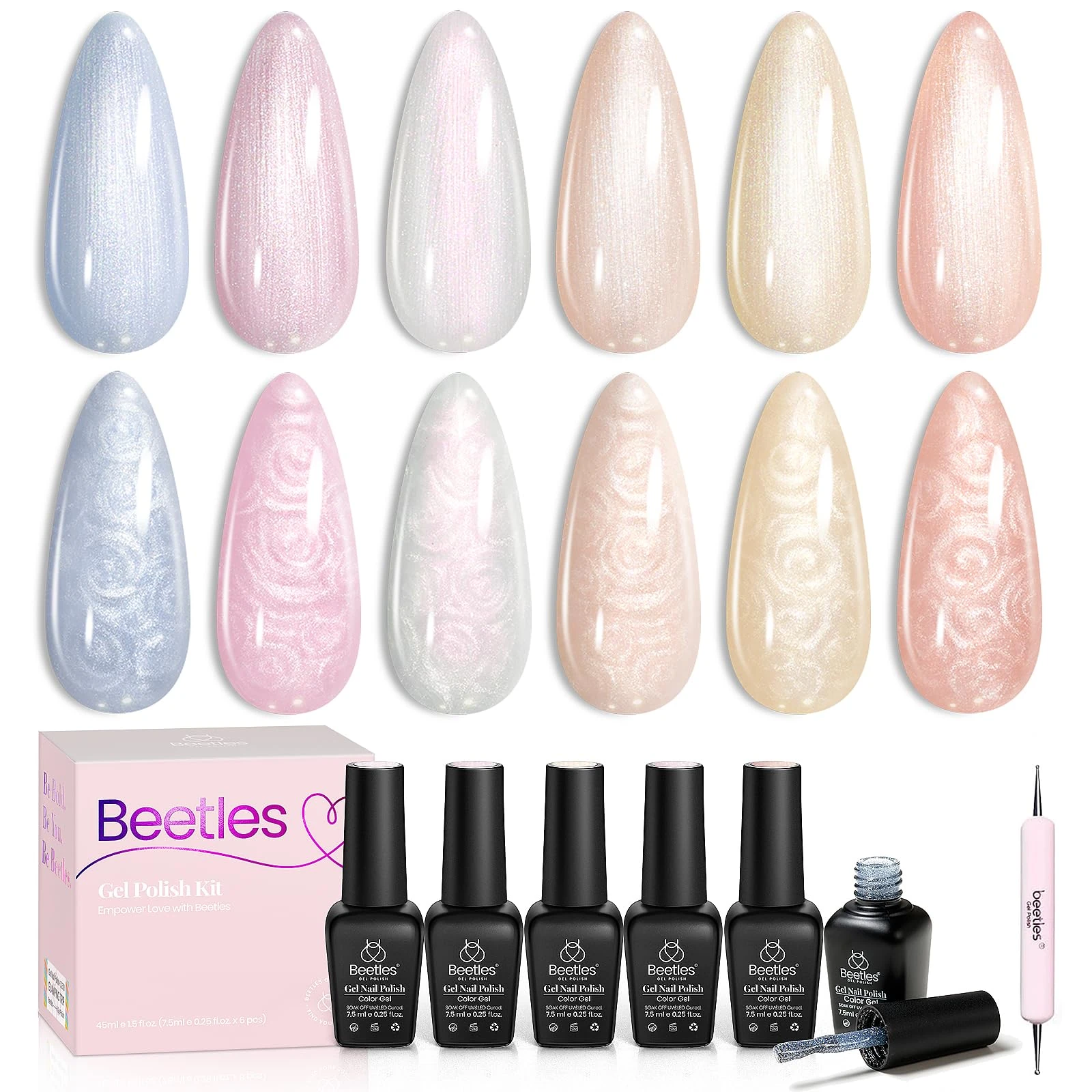 Beetles Gel Nail Polish,6 Colours Pearl Shimmer Mermaid White Pink Blue Glitter Shell Swirl Thread Effect Soak Off UV LED Gel for Salon Home DIY Manicure Gifts for Her