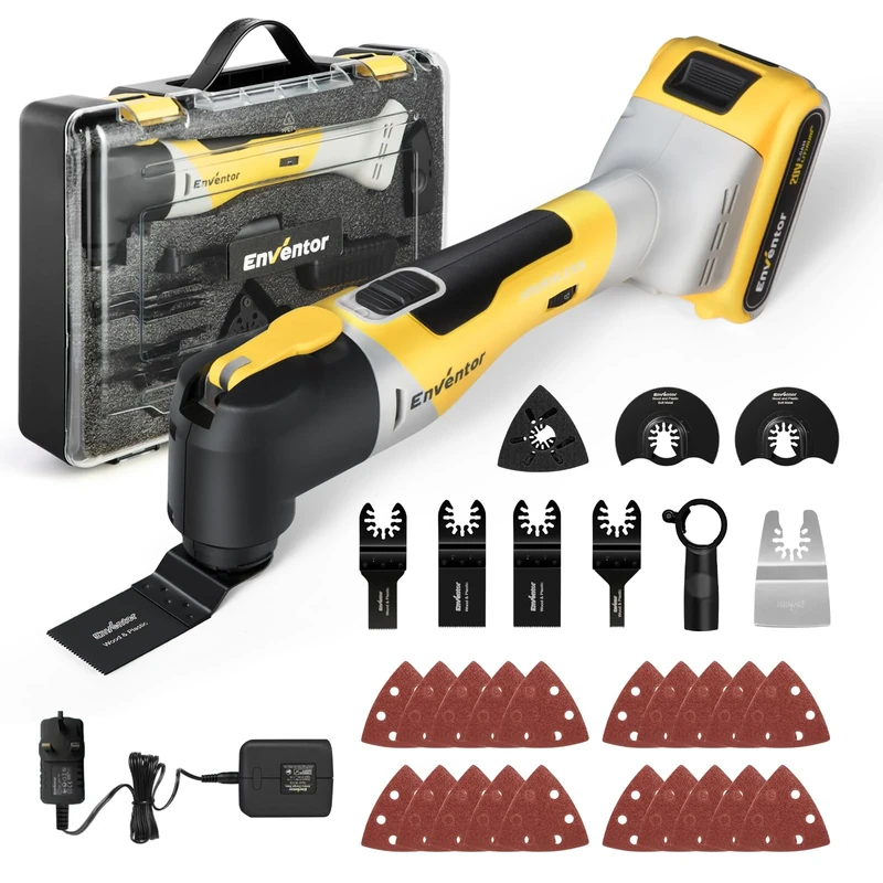 Enventor Brushless Oscillating Multi-Tool, 20V Cordless Oscillating Multi Tools with 2.0Ah Battery, 12000-19500RPM, 6 Variable Speeds, 4°Oscillation Angle, Blade Quick-Change, 28Pcs Accessories 98606