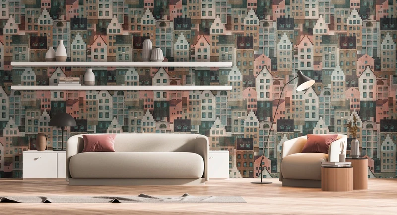Livingwalls Travel Styles Non-Woven Wallpaper - Old Town Wallpaper in Colourful and Blue - Scandinavian Wallpaper for Various Rooms in 1.59 m x 2.80 m - Image 1