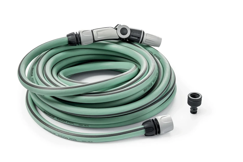 G.F. Srl RECO hose, 25 m of Ø 5/8" irrigation hose in recycled plastic kit (Ergonomic 3 jets, fittings, tap socket). Made in France. Color Green Sage