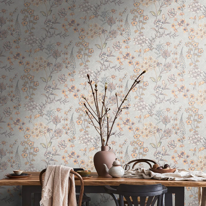 Livingwalls Travel Styles Non-Woven Wallpaper - Floral Wallpaper in Grey and Orange - Scandinavian Wallpaper for Various Rooms in 10.05 m x 0.53 m