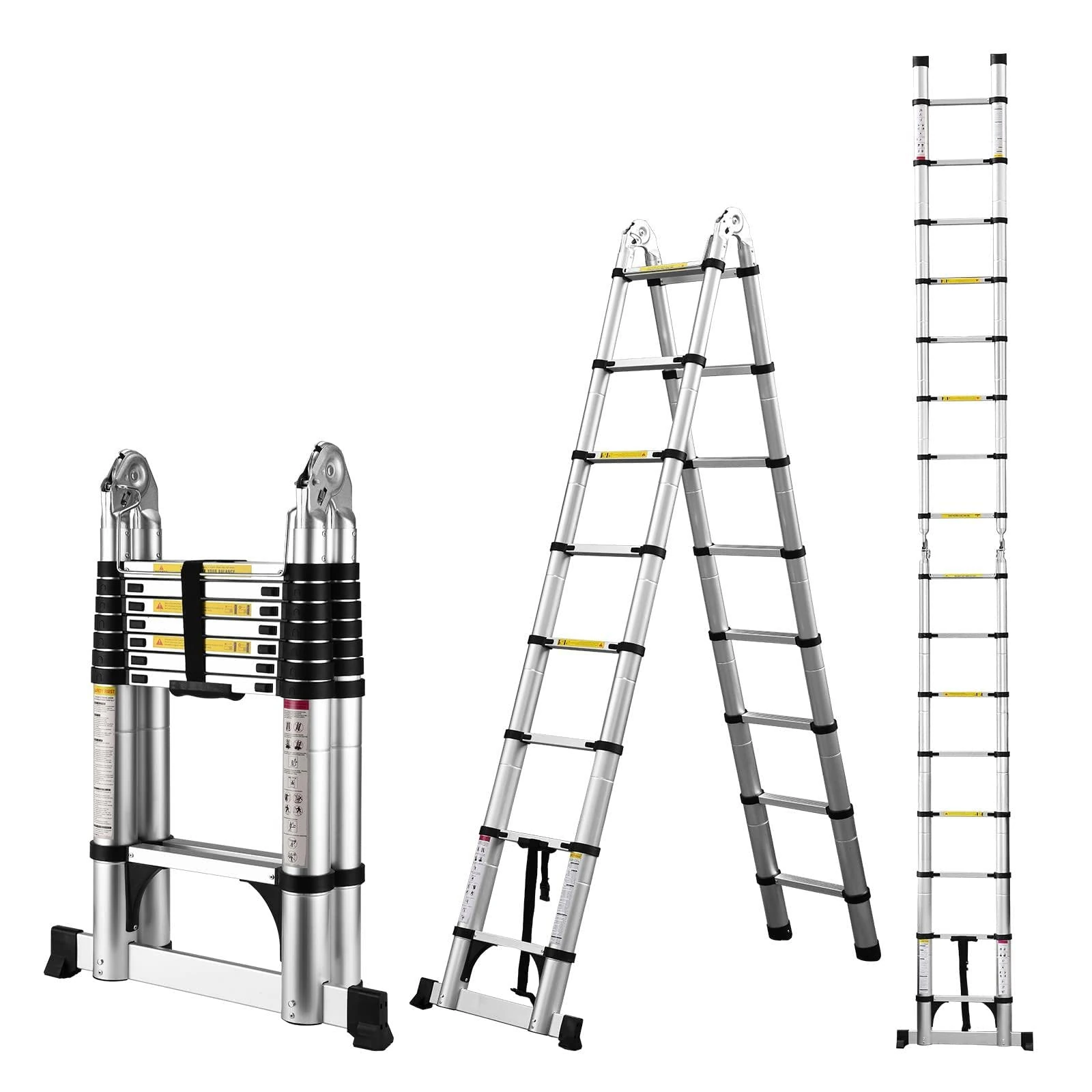 COOCHEER 5M Aluminium Telescopic Ladder, 2-in-1 Folding Ladder, 16 Rungs, 150 kg Load Capacity, Suitable for Indoor and Outdoor Use
