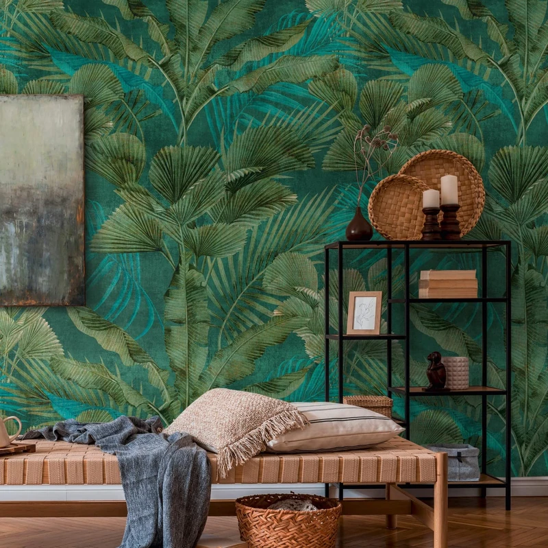 Livingwalls Travel Styles Non-Woven Wallpaper - Wallpaper with Leaf Tendrils in Green and Blue - Tropical Wallpaper for Various Rooms in 1.59 m x 2.80 m
