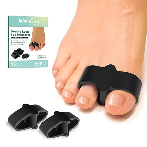 Welnove Pack of 12 Bunion Corrector, Toe Separators with 2 Loops, Big Toe Spacer Suitable for Bunion and Overlap Toe (Black)