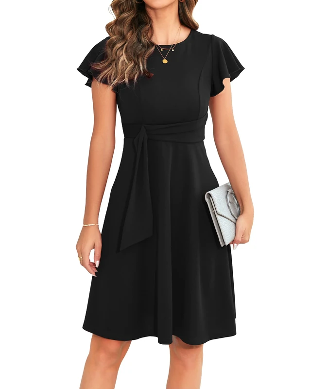 Owin Womens 2023 Elegant Ruffle Sleeve Flared A Line Swing Casual Party Cocktail Dresses, Black, M