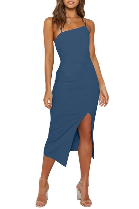 OWIN Women's Adjustable Spaghetti Straps Sleeveless High Waist Split Midi Bodycon Cocktail Party Dress, Grey Blue, L