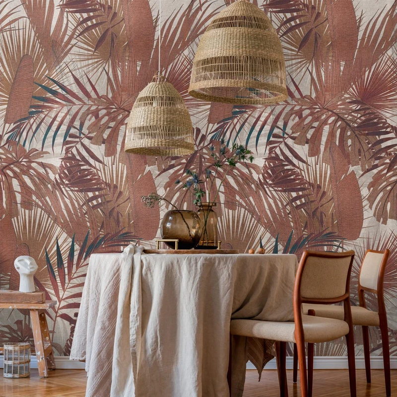 Livingwalls Travel Styles Non-Woven Wallpaper - Palm Leaf Wallpaper in Red and Beige - Tropical Wallpaper for Various Rooms in 1.59 m x 2.80 m