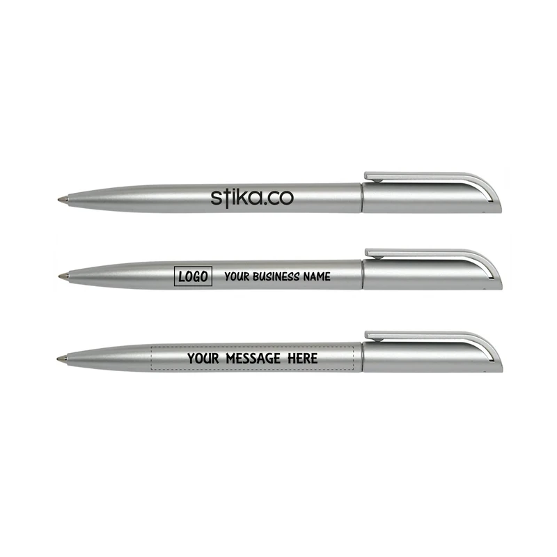 stika.co Custom Printed Espace Gold or Silver Promotional Pens, Ballpoint Personalised Pens, Office, School, Event with your Text/Logo (Set of 10, Silver)
