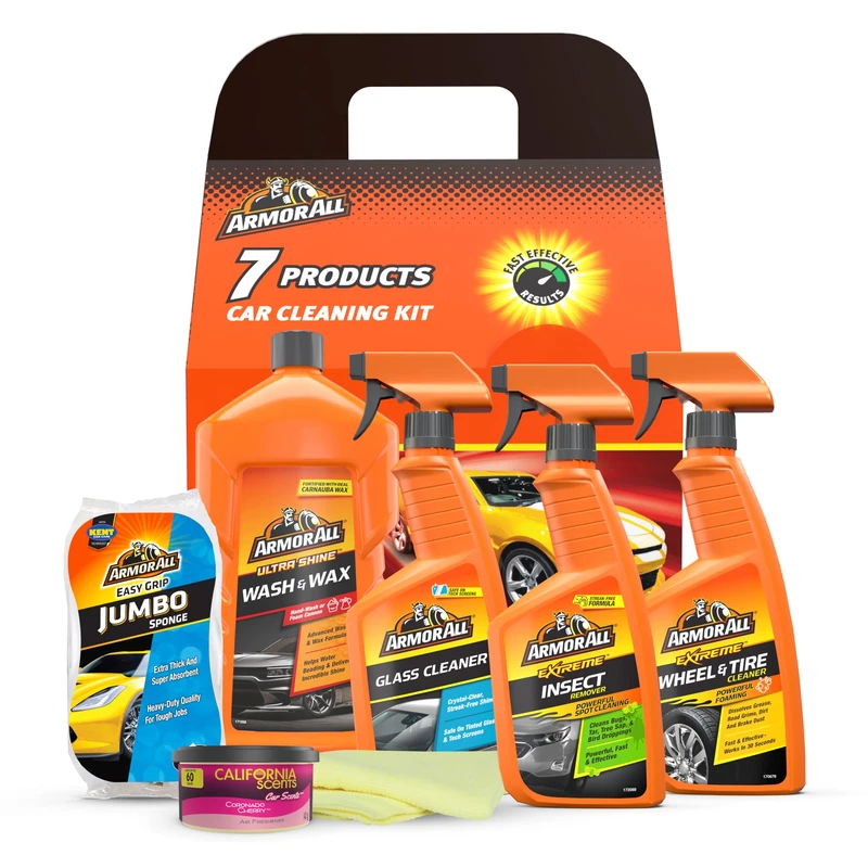 Armor All 7-Piece Car Cleaning Kit, Includes Glass Cleaner, Jumbo Sponge, Car Wash & Wax, California Scents Can Car Air Freshner, Wheel & Tyre Cleaner 500ml, Insect Remover and Microfibre Cloth