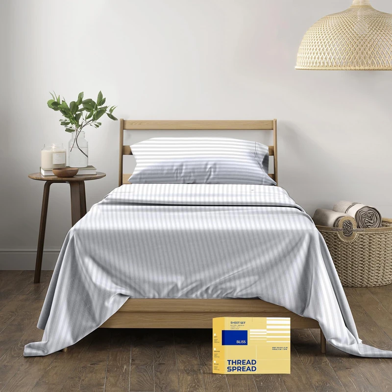 600-Thread-Count Egyptian Quality 100% Cotton Striped Sheets - Twin XL Damask Bedsheets for Hot Sleepers - Sateen Weave, Deep Pocket Fitted - 3 Pc Hotel Sheets for Twin XL Beds - Snow White