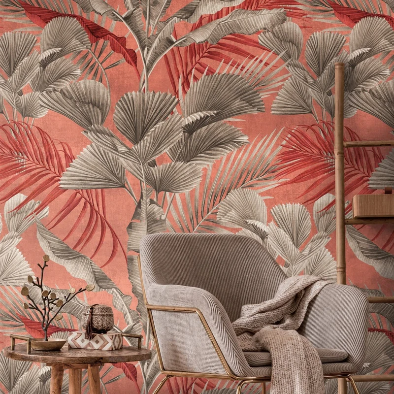 Livingwalls Travel Styles Non-Woven Wallpaper - Wallpaper with Leaf Tendrils in Pink and Red - Tropical Wallpaper for Various Rooms in 1.59 m x 2.80 m