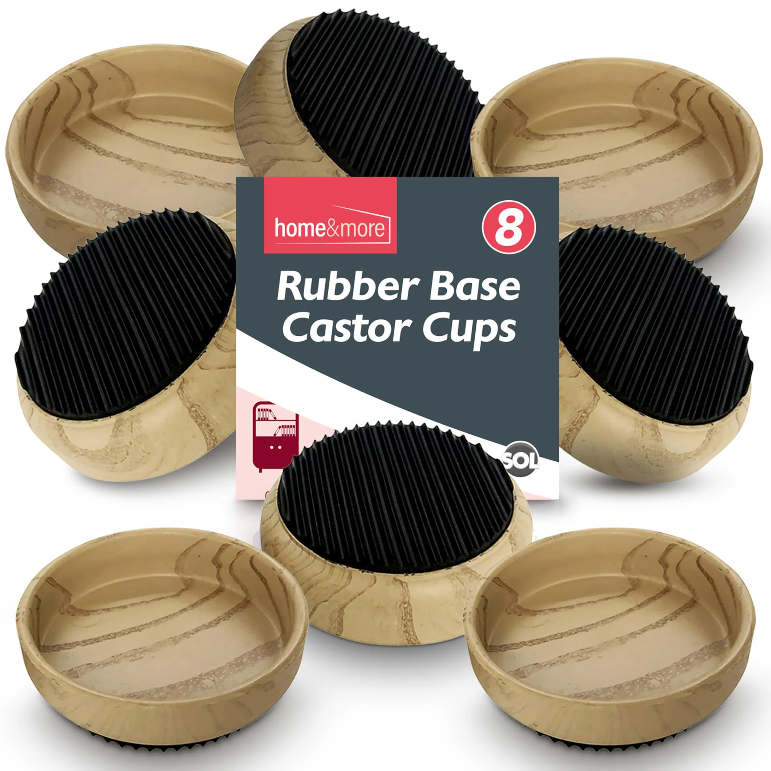 SOL 8pk Rubber Case Castor Cups - Non-Slip Caster Cups to Protect Wooden Floors and Carpets - Floor Protectors for Furniture Legs, Chairs, Tables, Sofas & Heavy Furniture