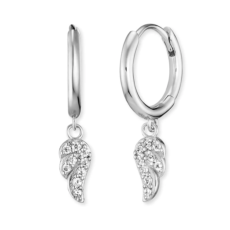Engelsrufer Women's Creole Earrings Sterling Silver with Silver Moving Wing - Set with Zirconia Stones - Clip Closure - Nickel-Free - Size: 23 mm, 23mm, Sterling Silver, Cubic Zirconia