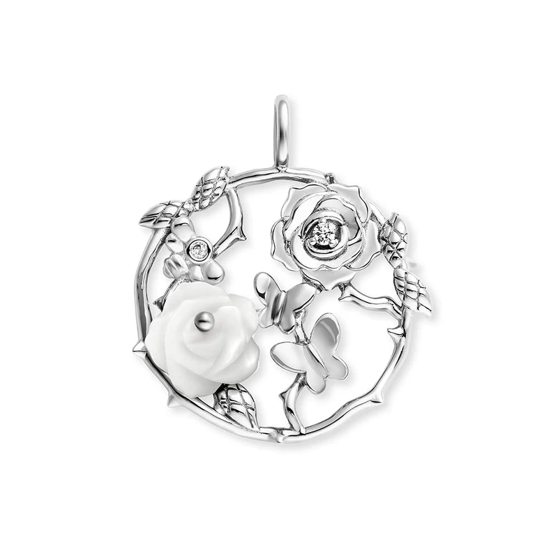 Engelsrufer Women's Rose Garden Pendant Made of Sterling Silver with Mother of Pearl - Set with 2 Zirconia Stones - Eyelet Clasp - Nickel-Free - Size: 25 mm, 25 mm, Sterling Silver, Cubic Zirconia