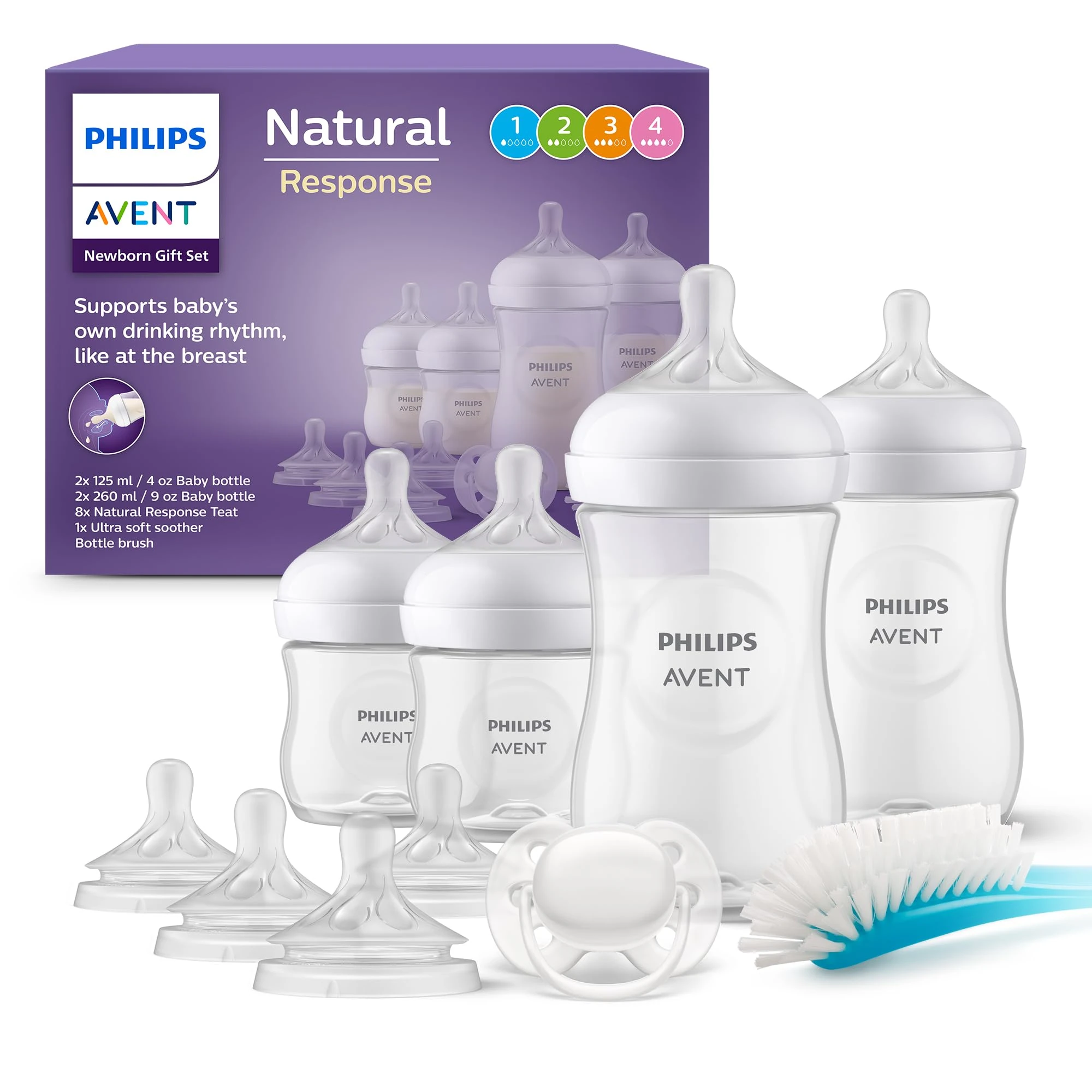Philips Avent Baby Bottle Newborn Gift Set - 4 Baby Milk Bottles, 2 Extra Nipples, Ultra-Soft Pacifier and Bottle Brush, Babies Aged 0-12 Months+ (Model SCD838/13)