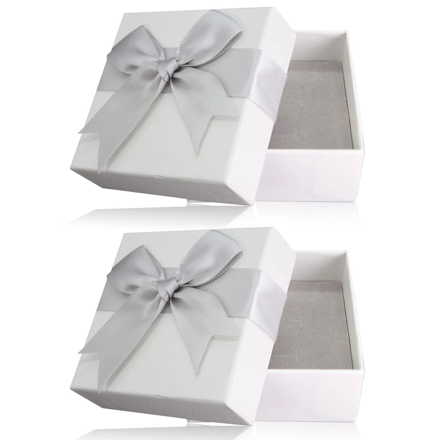 2Pcs Small Gift Boxes, 7.5x7.5x3.5cm Kraft Jewellery Gift Box with Grey Bow-Knot Ring Earrings Necklace Gift Box with Lid Small Paper Boxes for Gifts Presents
