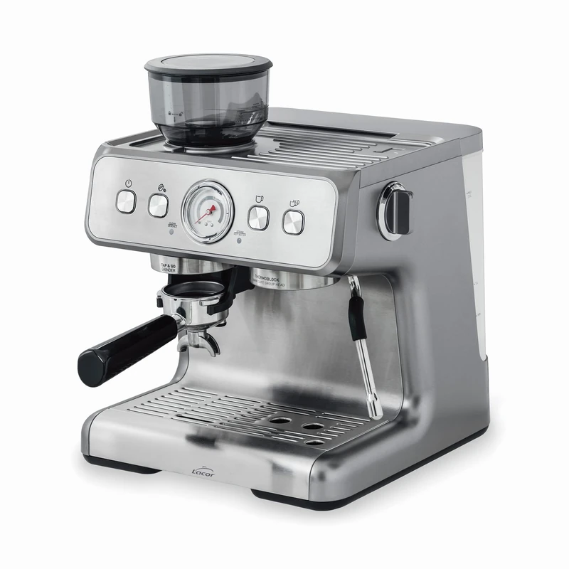 Lacor - 69428 - Espresso Machine Pro, for The Preparation of All Types of Coffee, Manual and Automatic Function, with vaporiser and Mill, Accessories Included, 20 bar, Stainless Steel, 1550 W, 2.8 L