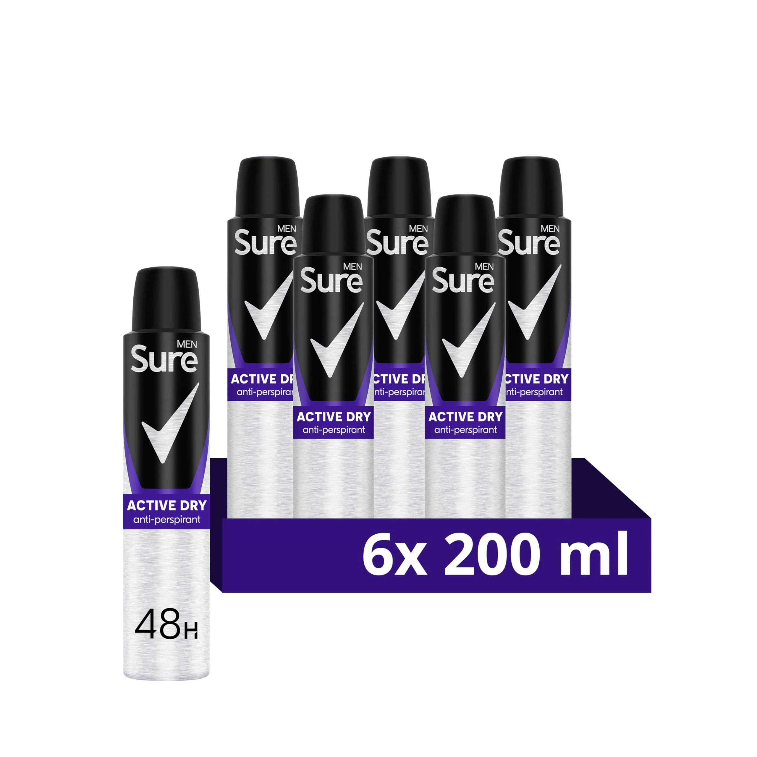 Sure Men Active Dry Anti-Perspirant Aerosol Men's Deodorant Spray with MotionSense technology for 48 hour protection against sweat and odour 6x 200 ml