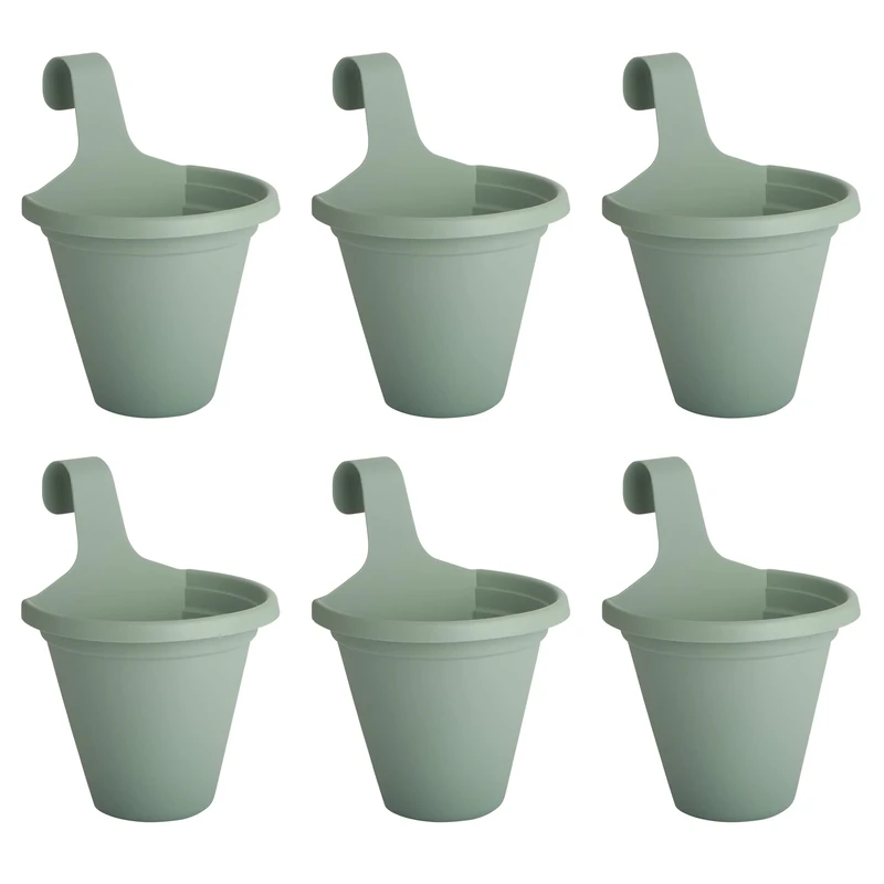 Clever Pots 6x Hanging Plant/Flower Pots Planters, with Self Watering Reservoir, Outdoor Plastic Pot for Garden Fence and Balcony Railing Decoration, Sage