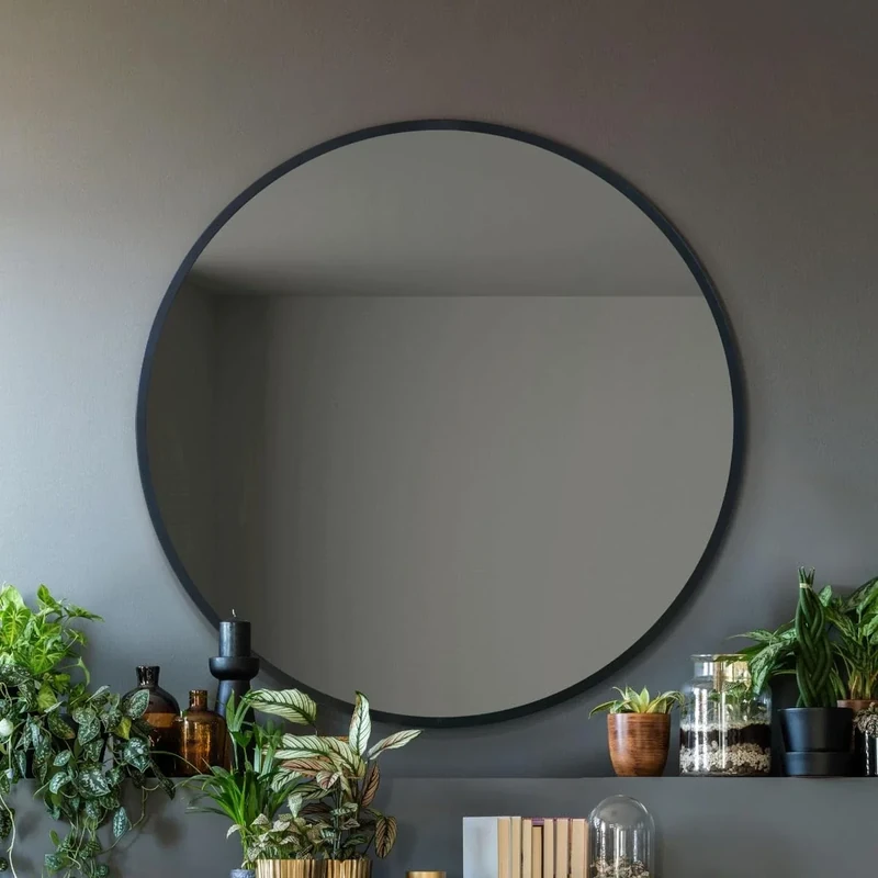 MirrorOutlet The Fenestra - Black edged Modern Round Circular Wall Mirror 39" X 39" (100CM X 100CM) Silver Mirror Glass with Black Metal Frame