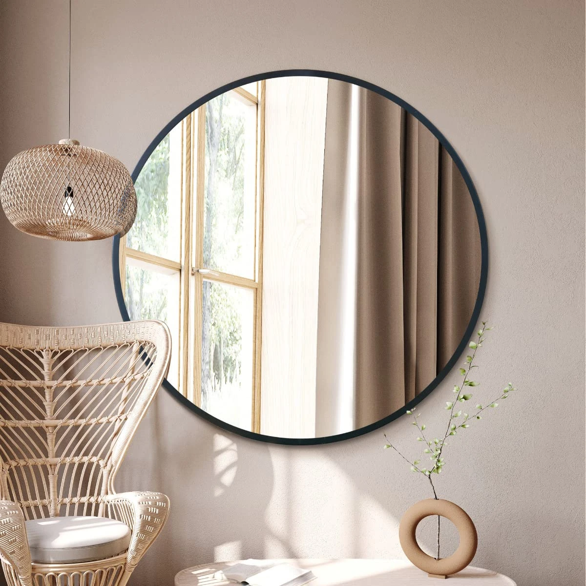 MirrorOutlet The Fenestra - Black edged Modern Round Circular Wall Mirror 39" X 39" (100CM X 100CM) Silver Mirror Glass with Black Metal Frame