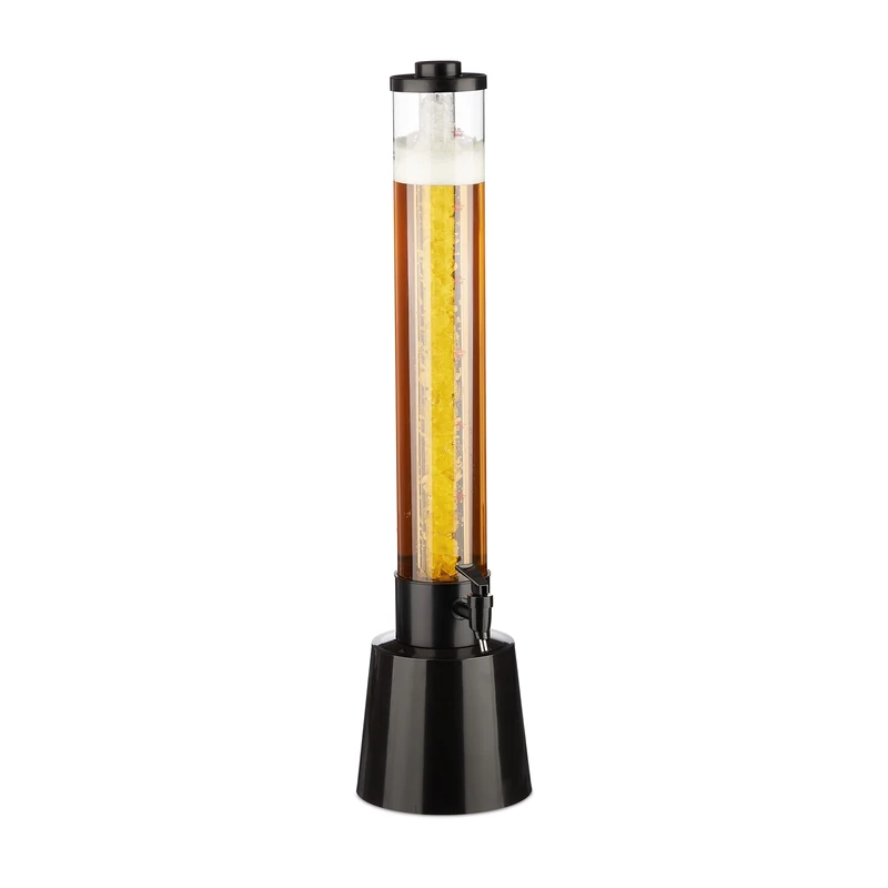 Relaxdays Beer Tower with Tap, 3 litres, Drinks Dispenser with Cooler, for Garden & Parties, 81 cm Tall, Clear/Black