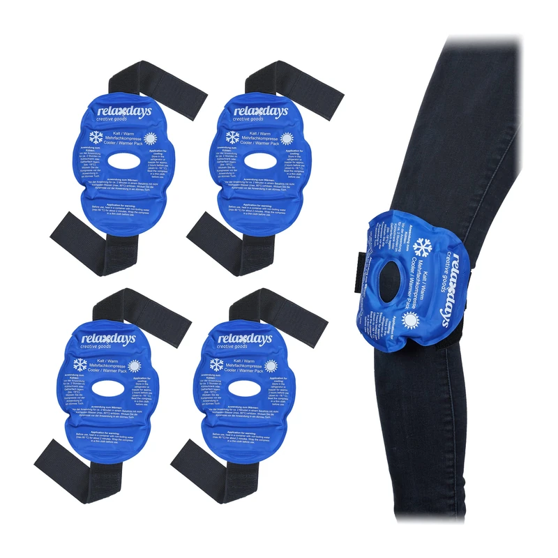 Relaxdays Gel Knee Pads, Set of 4, Cold & Warm Compress, Cooling Pack, First Aid, Injury & Pain Relief, with Strap, Blue, Polyester, 16 x 23.5 x 1 cm