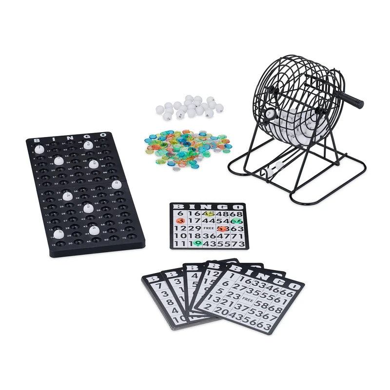 Relaxdays Bingo Game Set - 75 Balls, 18 Cards and Drum