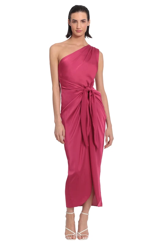 Donna Morgan Women's Dresses One Shoulder Faux Wrap Light Charmeuse Maxi with Tie Waist Occasion Event Party Guest of, Vivacious, 16