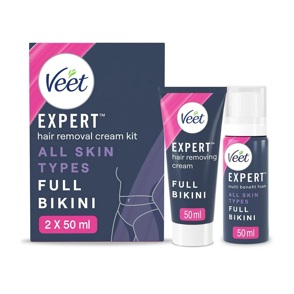 Veet Expert Bikini Kit, 50ml Hair Removal Cream, 50ml Multi Benefit Foam, All Skin Types, For Full Pubic Area, Effective From 2 Mins, Works on Tougher Hair, 48 Hour Hydration