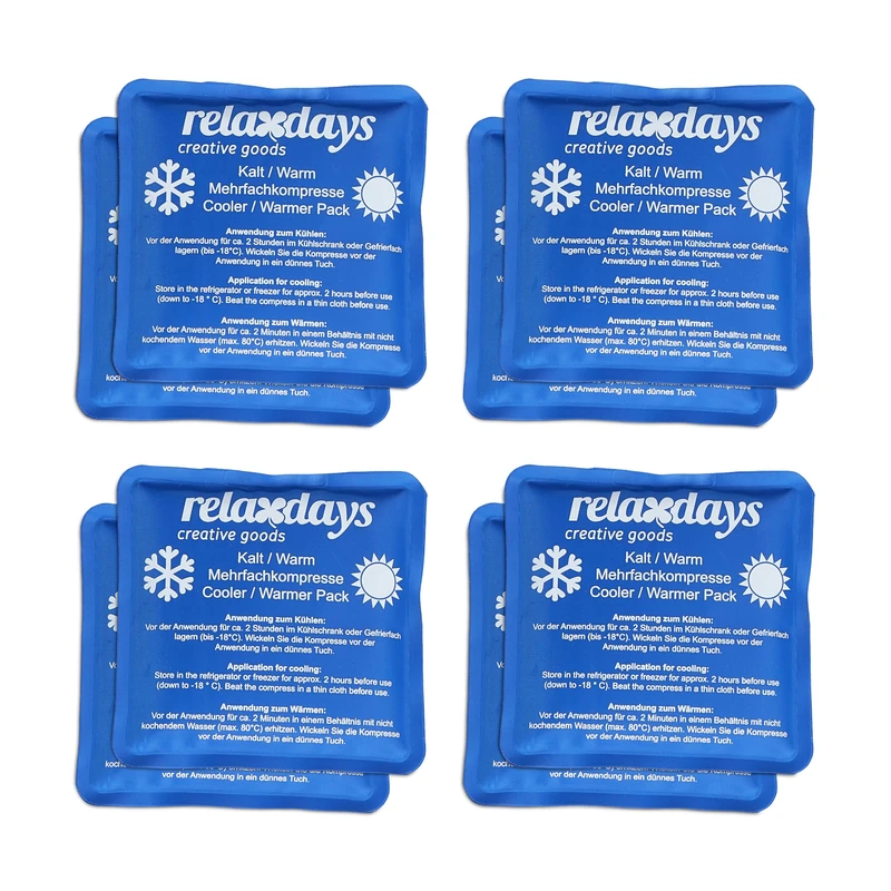 Relaxdays Hot and Cold Packs, Set of 8, Warm Compress, 11 x 11 cm, Gel Cooling Pad, Reusable, for Injuries & Pain, Blue