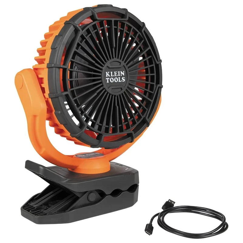 KLEIN TOOLS PJSFM2 Lithium Battery Operated Fan, Rechargeable Mini USB Fan with Clip On, Hang Hole, and Magnet Mounting, Portable, Orange/Gray - Image 1