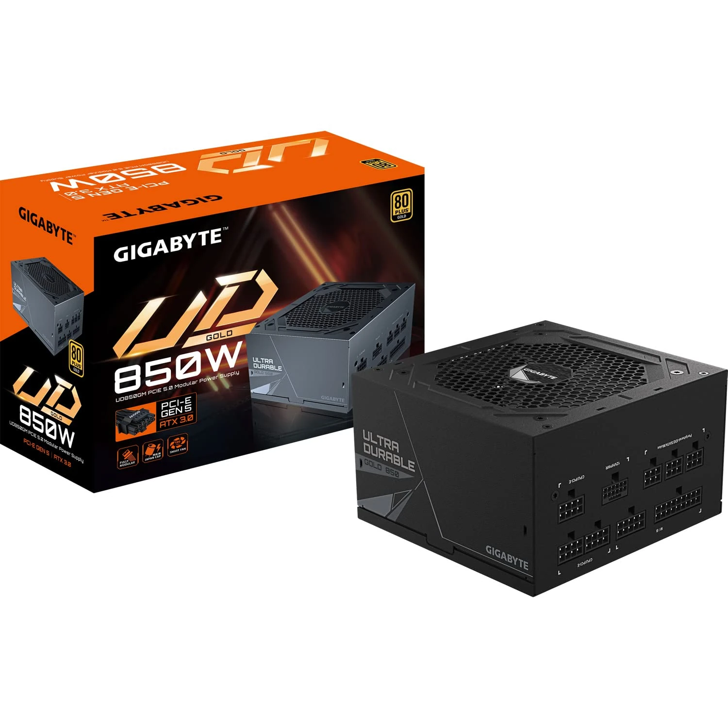 Gigabyte UD850GM PG5 80 Plus Gold Fully Modular 850w PCIe 5.0 Power Supply Unit (Rev 2.0), ATX 3.0, 12VHPWR GPU Connector, Flat Cables, 5 Year Warranty