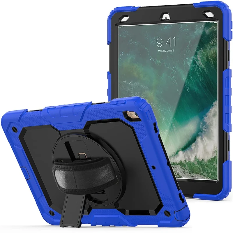 Case for iPad pro 10.5 2017/iPad air 3 10.5 2019 with 360 degree rotatable Folding stand,Trendy Shockproof case with Wrist Strap and Shoulder Strap, Blue